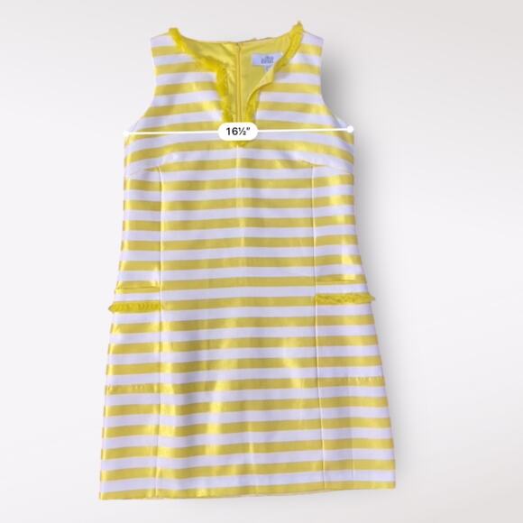 Badgley Mischka Belle Bright Yellow White Stripe Fringe Trim Sheath Dress Size 2 - Picture 5 of 11